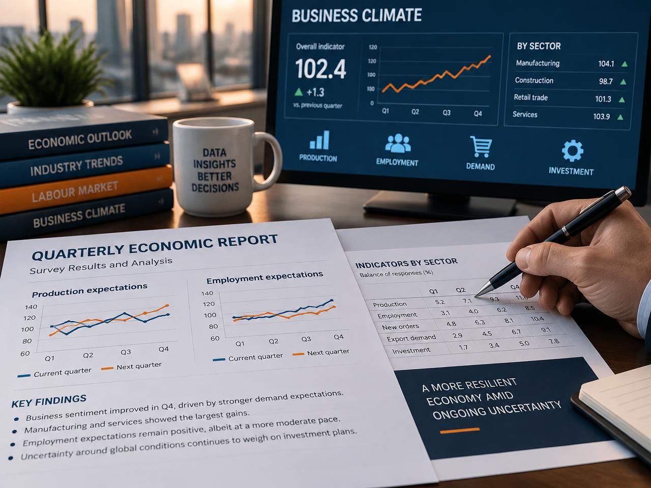 Equipe analisando indicadores de clima empresarial em reunião